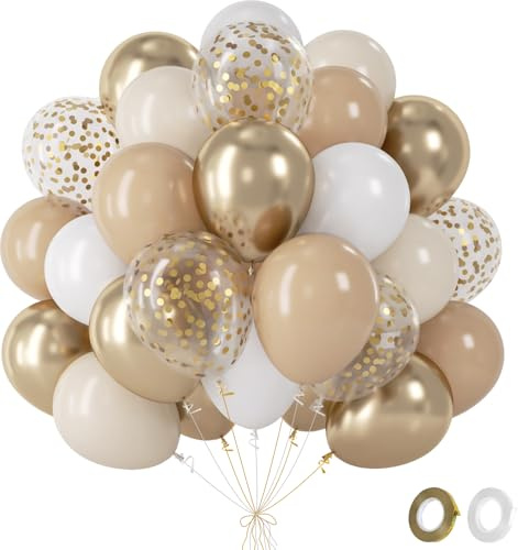 Luftballons Gold Beige- 60Pcs Goldene Beige Weiße Ballons Mit Metallic Konfetti Ballons, Helium Ballons Für Mädchen Frauen Geburtstagsdeko Boho Hochzeit Babyparty Gender Reveal Party Deko, 12 Zoll