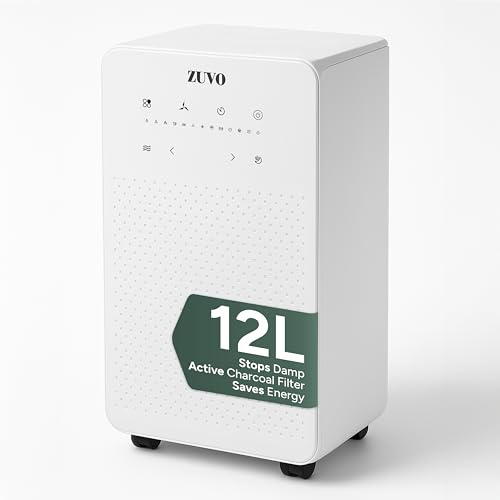 Zuvo - 12L/day Dehumidifier with Active Carbon Filter, Energy Efficient (costs less than 5p per hour) Low Noise Dehumidifiers for Home with 2 L Tank, Timer, Laundry Drying Mode, Continuous Drainage