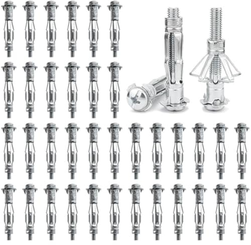 Wlinfetity Lot de 50 vis d'ancrage pour mur creux M4 x 38 mm en métal galvanisé pour fixation de cloisons sèches et de briques creuses, boulons d'expansion plaqués zinc pour une utilisation en