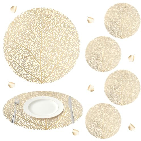 comfoyar Juego de 6 Manteles Individuales Oro Redondo con Diseño de árbol Coral, Salvamanteles Individuales de Manteles Huecos Lavables Impermeables para Cocinas y Comedores Decor para Fiestas 38cm