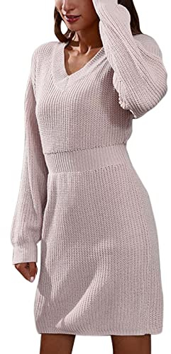 Vinterklänningar Dam V-ringad Shoulder Drop Långärmad Midjeband Ullklänning Damstickad Klänning Vinter(Pink,M)