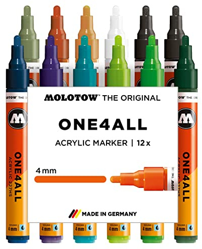 Molotow One4All 227HS Acryl Marker Main-Kit 2 (4,0 mm Strichstärke, hochdeckend und permanent, UV-beständig, für fast alle Untergründe) 12 Stück sortiert