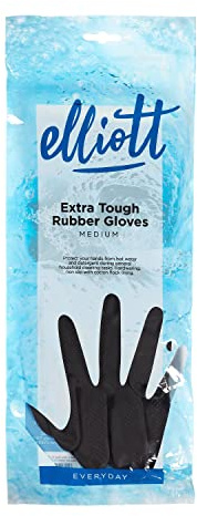 Elliott Heavy Duty Household and Maintenance Rubber Gloves, Medium Size Gloves with breathable flock Lining and non-slip grip, One pair of Black Gloves