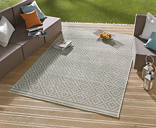 NORTHRUGS In- und Outdoor Teppich Raute 140x200cm - Wetterfest Modern Geometrisches Raute Muster Design Läufer für Balkon Terrasse Garten Wintergarten Wohnzimmerteppich Wasserfest in Grau Creme