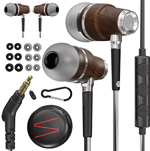 Symphonized Premium Wooden Wired Earphones with Microphone, Deep Bass Sound, 90% Noise Cancelling 3D Sound, Microphone Volume Contro with 3.5mm Jack. Secure Fit Earbuds wired. Includes travel case