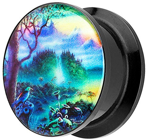 Piersando Ohr Plug Piercing Kunststoff Motiv Comic Picture Flesh Tunnel Ohrplug mit Traumland Vögel Schwarz Blau 8mm