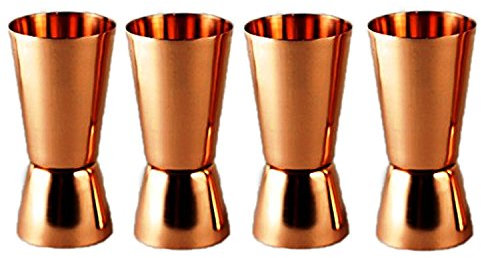 PARIJAT HANDICRAFT Set of 4 Pure Copper Measuring Jigger Shot Glasses Double Sided Jiggers - 2 Ounce and 1 Ounce.