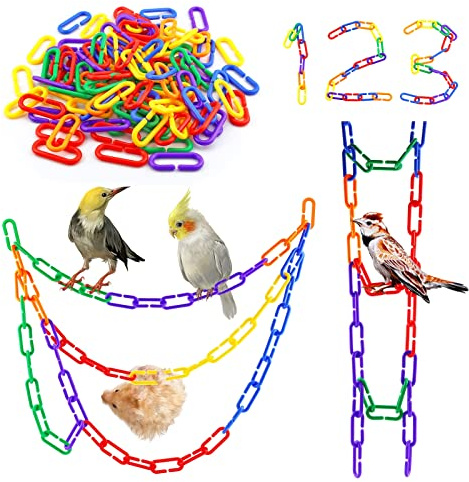 JIALEEY 100PCS Plastic Chain Links, Children's Learning Toy, Mix Color Rainbow DIY C-Clips Chains Hooks Swing Climbing Cage Toys for Bird Sugar Glider Rat Parrot