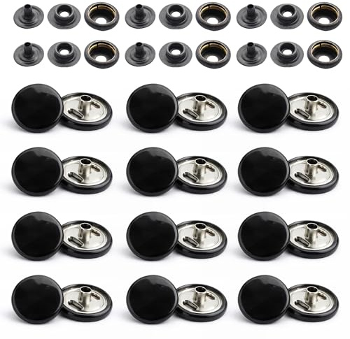 WedDecor Shiny Black 15mm Press Studs Heavy Duty Metal Nickle Free 4 Parts Snap Fasteners Rivets Button for Leather Crafts, Jackets, Bags, Straps, Jeans, Clothes Repair - Pack of 10