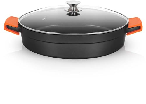 Orbegozo CDB 1040 Cacerola Baja Aluminio Forjado, 10.5 L, Superficie Antiadherente Libre de PFOA, Asas de Silicona, Tapa de Cristal Templado