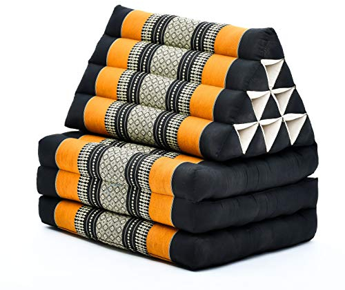 Leewadee - Bequeme Japanische Bodenmatratze - Thai Bodenliege mit Dreieckskissen - Futon Klappmatte - Thai Massagematte, 170 x 53 cm, Schwarz Orange