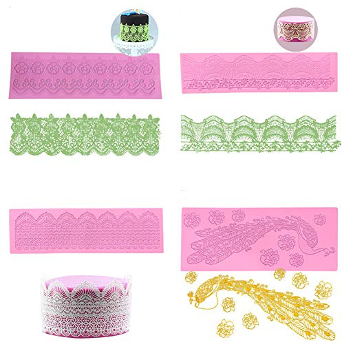Alfombrilla de silicona de encaje, 4 piezas de encaje de azúcar, moldes de encaje de silicona, moldes de encaje para tartas, fondant, herramientas para decoración de tartas, diseño de flores