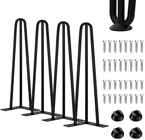 Thanaddo Pieds de meubles en épingle à cheveux de 41 cm avec 2 tailles de vis et 4 protections de sol en acier massif robuste à 3 tiges pour armoire, banc, chaise, table basse, bureau, noir