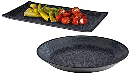 Lot de 2 plats de service en mélamine - Noir - Avec décor