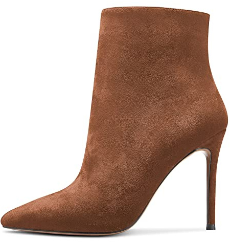 NobleOnly Femmes Haut High Talon Heel Aiguille Pointu Bout Bottines Slip-on Fermeture à Glissière Party Bureau Mariage Sexy 10 CM Heels Bottes Marron 38 EU