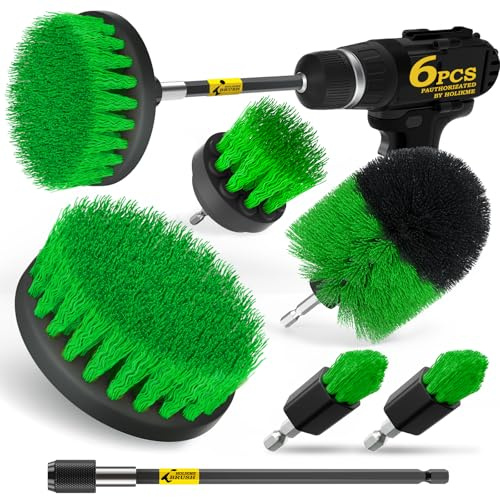 Holikme 6Pack Drill Brush Power Scrubber Cleaning Brush Extended Long Attachment Set All Purpose Drill Scrub Brushes Kit for Grout, Floor, Tub, Shower, Tile, Bathroom，Scrub Brush Green
