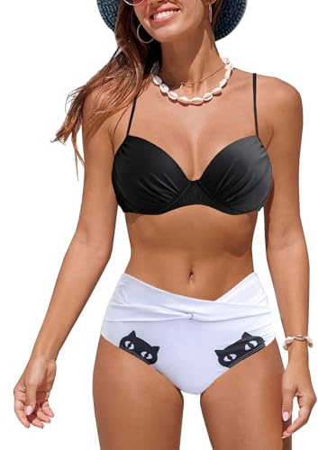 JFAN Tvådelad baddräkt med hög midja bikini med volanger med tryck push up badkläder dam hav, Vit, S