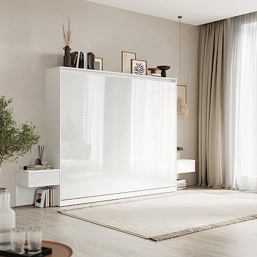 SMARTBett Amazon Set Schrankbett Classic Horizontal 160x200 mit 2 Nachtkonsolen Weiss/Weiss Hochglanz Front für Schlafzimmer, Gästezimmer, Ferienwohnung
