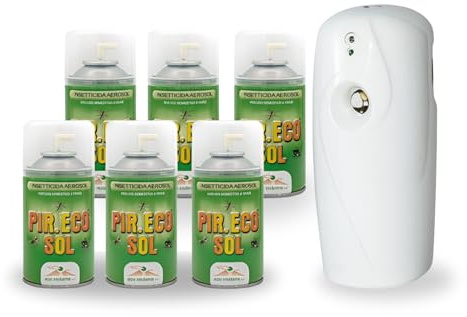 Virsus 6 Bombolette Insetticida a Base di Piretro da 250 ml per Mosche zanzare e Insetti Volanti e Striscianti Uso Domestico, Piretro Naturale + 1 Erogatore Night And Day Automatico programmabile