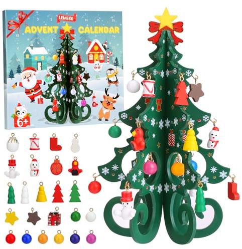 LEMESO Calendario Avvento 2025 Albero di Natale da Tavolo Piccolo Albero di Natale in Legno Calendario dell'Avvento con Miniature Pendenti Idee Regalo Natale Bambini Addobbi Natalizi