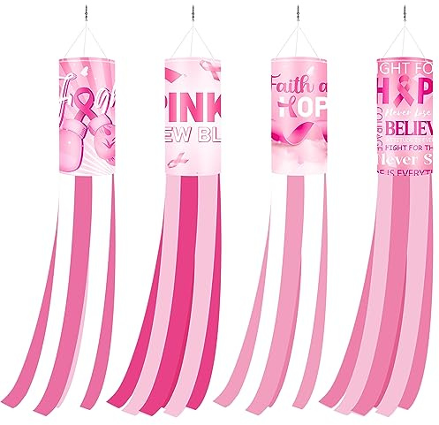 Buryeah 4 Pcs Breast Cancer Awareness Windsock Pink Ribbon Windsock Outdoor Hanging Decorations Seasonal Windsocks for Patio Garden Home Party