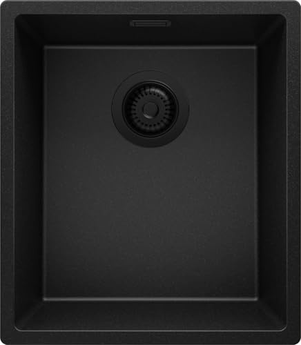 PRIMAGRAN Fregadero Cocina Todo Negro 41x47cm, Granito 1 Seno + Sifón, Sobre encimera al mueble 45cm - London Slim S076