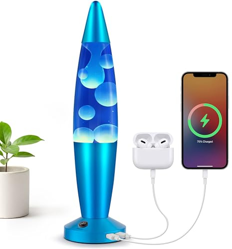 Jambo Schöne Flüssigkeitslampe mit USB-Anschlüssen, 40,6 cm Bewegungslicht mit blauem flüssigem weißem Wachs, entspannendes Nachtlicht, Stimmungslicht für Schlafzimmer, Wohnzimmer, Büro – Erwachsene