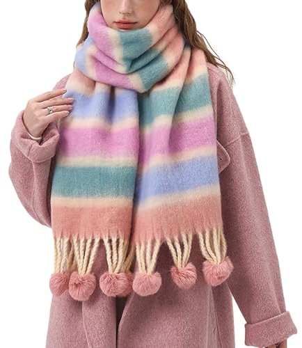 auons Damen Winter Schals Wraps Warme Decke Schal Übergroße Dicke Mehrfarbige gestreifte Schal Lange Stola mit Quasten