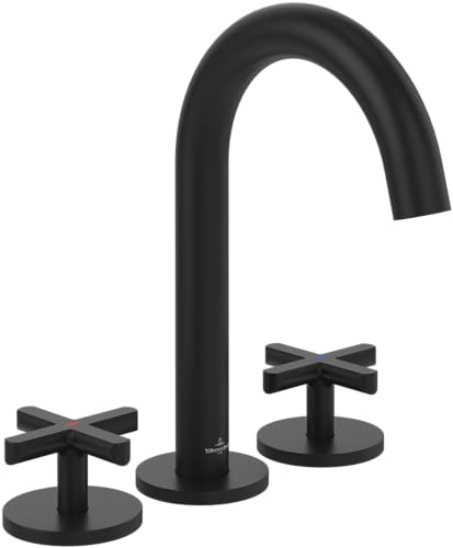 Villeroy & Boch Loop & Friends Dreiloch-Waschtischarmatur ohne Ablaufgarnitur, Wasserhahn Bad mit Keramikkartusche, Waschbeckenarmatur wassersparend, Auslauf Höhe 144mm, rund, Matt Black