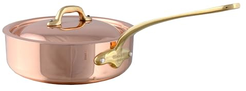 Mauviel M'Heritage 150 B 1.5mm Polished Copper & Stainless Steel Saute Pan With Lid, And Brass Handles, 6.2-qt, Made in France