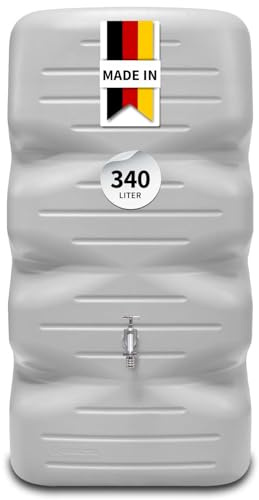 GARANTIA CUBUS Regentonne 340 Liter betongrau - für Garten und Terrasse aus Recyclingkunststoff mit UV-Schutz - moderner Optik für nachhaltige Gartenbewässerung und einfache Wasserentnahme am Haus