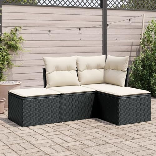 Faroom Balkon Ecklounge mit Stauraum Gartenlounge Klein Balkon Lounge Rattan Sofa Balkonsofa Kleiner Balkon Sitzecke Balkon Loungemöbel Gartensofa Ecksofa Balkonmöbel Schwarz und Creme 4-tlg-Type-539