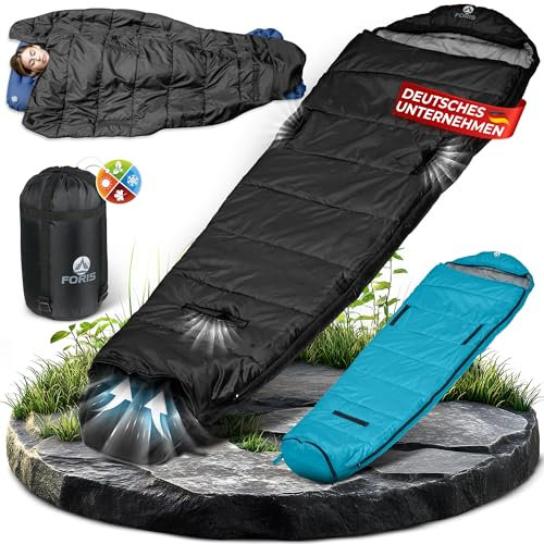 Foris® Mumienschlafsack 3-4 Jahreszeiten | mit exklusiv entwickeltem Belüftungssystem | -10-25°C | Exta lang 80x215cm | Wasserdicht | Outdoor Camping Festivals | Schwarz, Reißverschluss Links