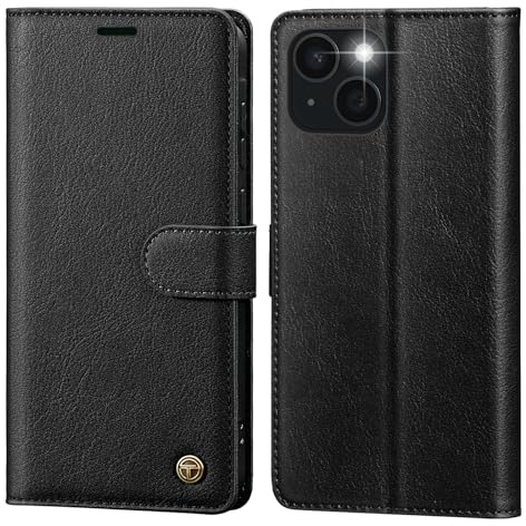 CASBST iPhone 14 Hülle, Hochwertig Lederhülle Schutzhülle Klappbar mit Kartenfach Standfunktion Magnet für iPhone 14 Flip Case Schwarz