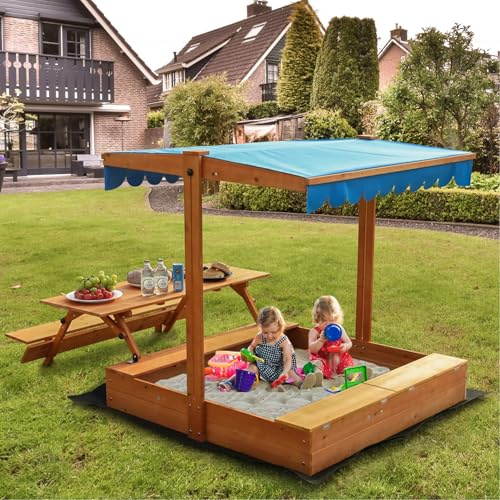 FUNTOK 76''x45''x45'' Kids Wooden Sandbox with Picnic Table & Storage Boxes, Sand Box with Foldable Bench Seats, Lid, Retractable & Rotatable Canopy for Backyard, Patio, Outdoor Play