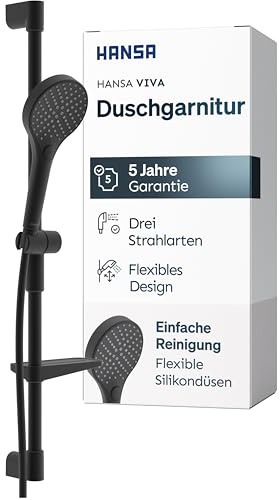 HANSA VIVA Duschgarnitur | Duschkopf mit Schlauch & Duschstange I Brausestange 77 cm | Duschbrause mit drei Strahlarten | Mit Duschkopfhalterung & Seifenschale I Duschset ohne Armatur | Schwarz