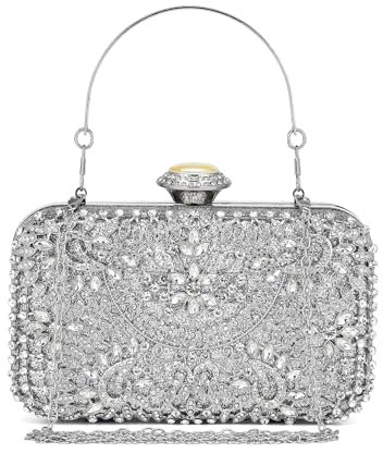 Miss Lulu Clutch Taschen für Frauen Hartschalen Clutches Beading Dinner Taschen Damen Pures Abendhandtaschen mit Abnehmbarer Kette (Silber)