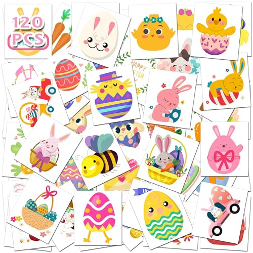 HSHFAMIIY Easter Temporary Tattoos – 120Pcs Cute Designs – Bunny, Eggs, Chicks – Easter Basket Stuffers, Egg Hunt Favors, Classroom Gifts & Party Supplies