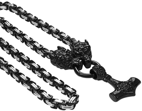 Flongo Wikinger Kette Wolf Medallion: Wolf Wolfkopf Odin Warrior Thors Hammer Schlange Halskette Silber Edelstahl Herren Damen massiv Königskette Amulett mit Wolf Anhänger Accessoires