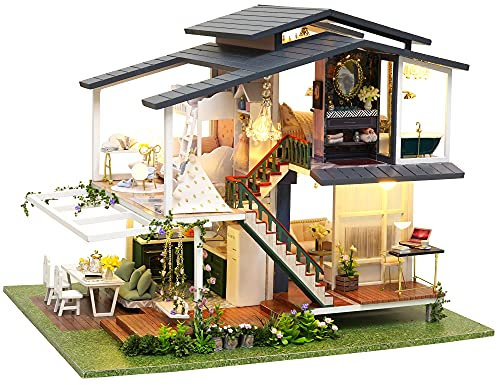 Kit De Casa De Muñecas En Miniatura con Muebles De Madera Patio Japonés Led Y Caja De Música Maquetas De Casas Monet Garden