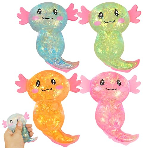 4 stycken Axolotl-leksaker, Axolotl Squeeze leksaker, söta tecknade glittrande squishy-leksaker, squeeze leksaker för barn och vuxna för att minska stress, avslappnande sensorisk för fester