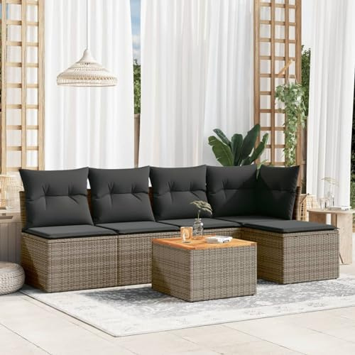 IKAYAA 6-TLG Gartenmöbel-Set, Balkonmöbel aus PE-Polyrattan, Terrassenmöbel, Ecksofa, Rattan Lounge-Set, Balkonlounge, Gartenlounge Set mit Kissen, Grau Type-47
