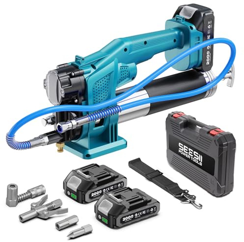Seesii Engrasadora Batería Kit: 10 000 PSI y 4,6 oz/min, Pistola de Engrasar Eléctrica con 2 Baterías, Manguera de 39,4, Acoplador de 90° y 3 Puntas para un Engrase más Rápido y sin Esfuerzo