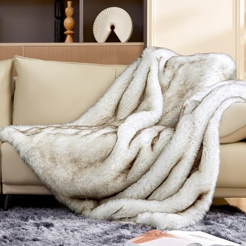 ROMROL Luxury 1000GSM Faux Fur Throw Blanket, Super Thick Warm Cozy Blankets for Couch Bed Sofa, Plush Fuzzy Elegant Soft Reversible Mink Blanket for Home Decor, Whitebrown, 130x150 CM