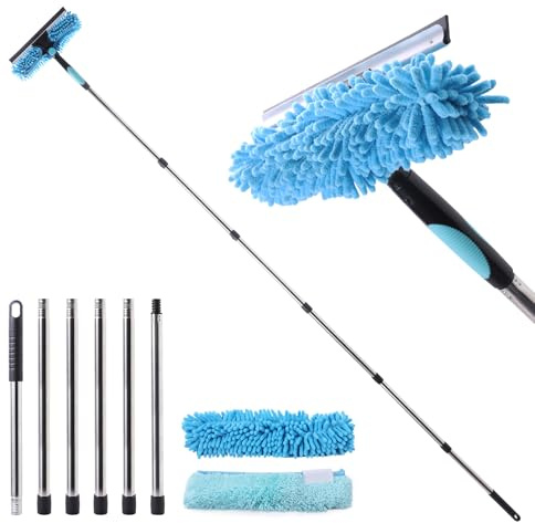CLEANHOME Equipo de limpieza de ventanas, escobilla de goma y paños de limpieza 2 en 1, 6 hierros roscados segmentados, ajustables hasta 65 pulgadas, panel giratorio de 180° (azul-negro)