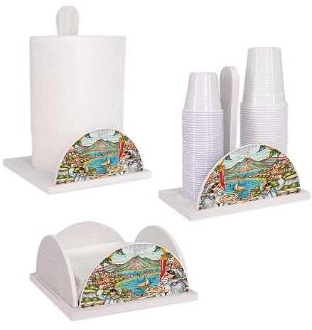 Lupia - Set 3 Pezzi Cucina in Legno White NAPOLI PULCINELLA Porta Tovaglioli, Porta Bicchieri, Porta Rotolo, Decorazione Elegante, Adatto a Stili Moderni e Classici
