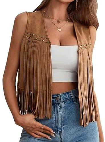 Women Fringe Vest 70s Hippie Sleeveless Faux Suede Rivets Tassel Waistcoat | Cowgirl Western Vest Cardigan, Retro Open Front Cowboy Jacket, Country and Western Clothing for Women Layering Outerwear
