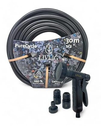 LIVLIG Gartenschlauch 30m im Set, Schwarzer Gartenschlauch aus 85% Recyclingmaterial, Wasserschlauch mit Gartenbrause & 1/2 Zoll Schlauchanschluss, PureCycle