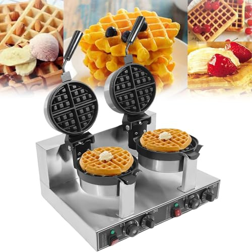 Large Rotating Waffle Maker, Commercial Double Waffle Iron with Removable 7.9” Molds (0.79” Deep), 2400W Power, 0-5 Min Timer, Non-Stick Coating – Suitable for Dessert, Canteens & Domestic