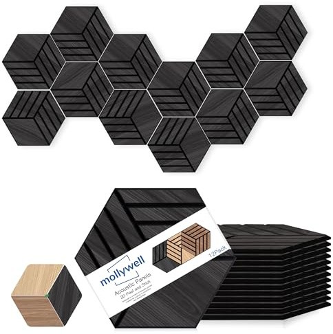 Mollywell Hexagon Acoustic Panels, Black Oak, 12 Pack, 35x30 cm | Self-Adhesive, High Density Polyester, NRC 0.95, Sound Dampening, Echo Reduction, Studio, Home, Office, Gaming Room
